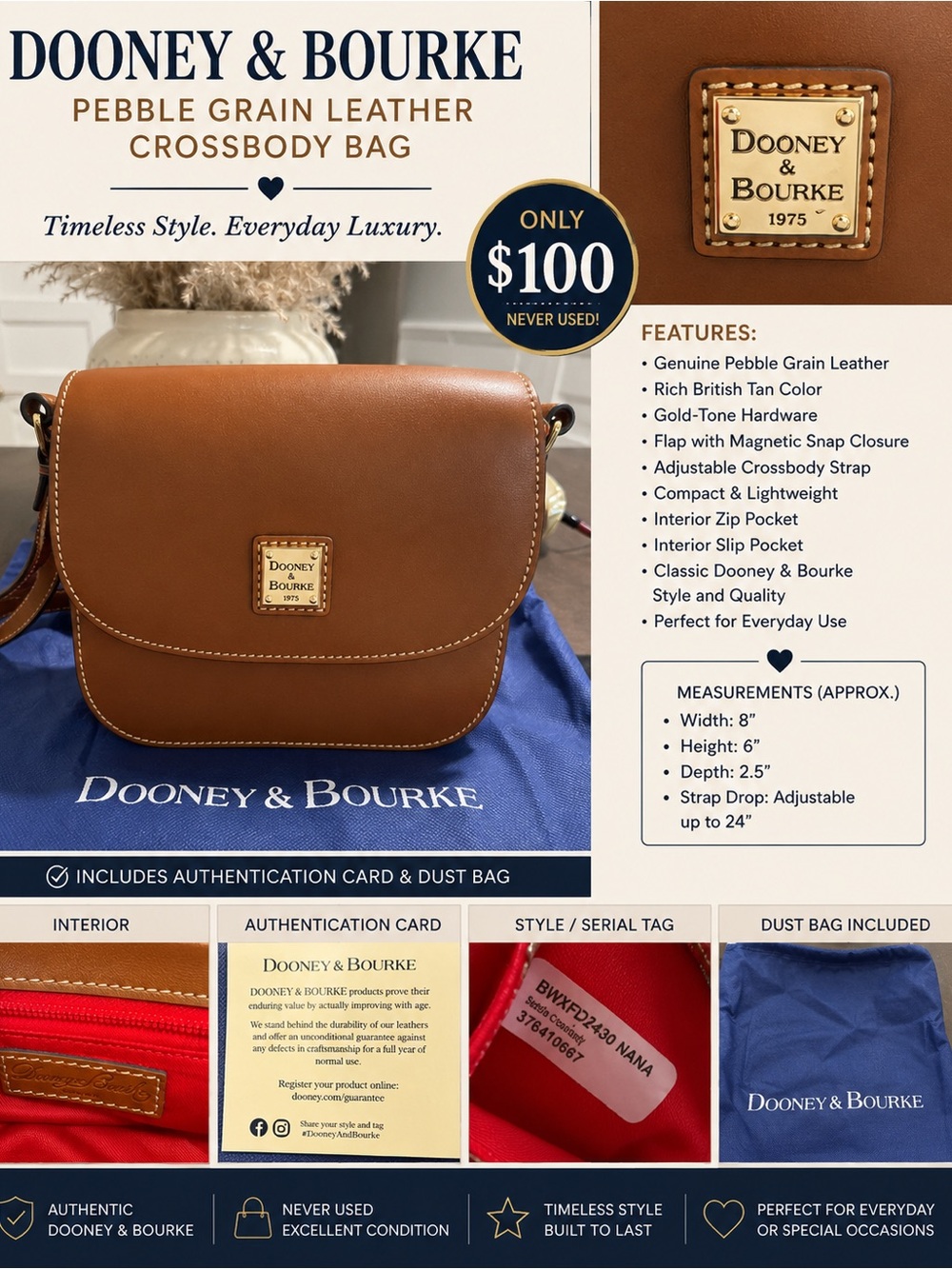 Dooney & Bourke Pebble Grain Leather Crossbody - Brown with Gold Hardware